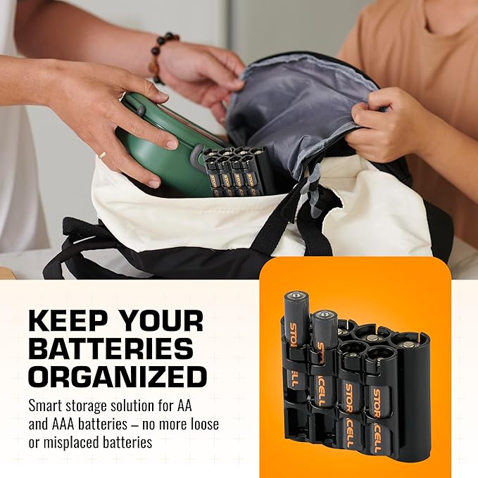 Storacell AA + AAA Combo Battery Storage Caddy and Dispenser, Black, Holds 4 AA + 4 AAA Batteries (Not Included), Durable & Compact Design, The Original Battery Caddy, Made in The USA
