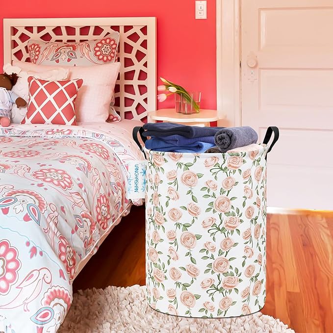 LANGYASHAN Laundry Basket Canvas Fabric Collapsible Organizer Basket for Storage Bin Toy Bins Gift Baskets Bedroom Clothes Children Nursery Hamper (Rose)