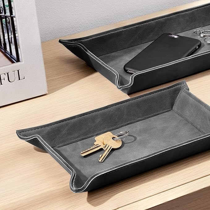 Navaris Faux Leather Valet Tray Set of 2 - Catch All Tray for Key Entryway Table Nightstand - Catchall for Keys Watch Remote Phone - Valet Storage for Men - Mens Storage Dish