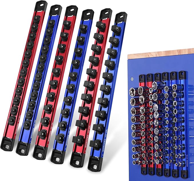 WORKPRO Magnetic Socket Organizer Set, 1/2" 3/8" 1/4" Drive Aluminum Alloy Socket Holder, 6PC Socket Rail with Removable Socket Clips, Socket Organizer Tray for Tool Box Drawer (Sockets Not Included)
