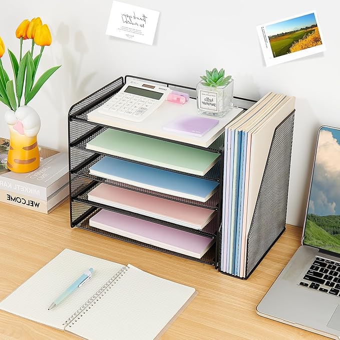 OPNICE 5-Tier Paper Organizer with Magazine Holder, Desk Organizers and Accessories, Office Desk Accessories & Workspace Organizers, Desktop File Organizer for Office Supplies Storage, Black