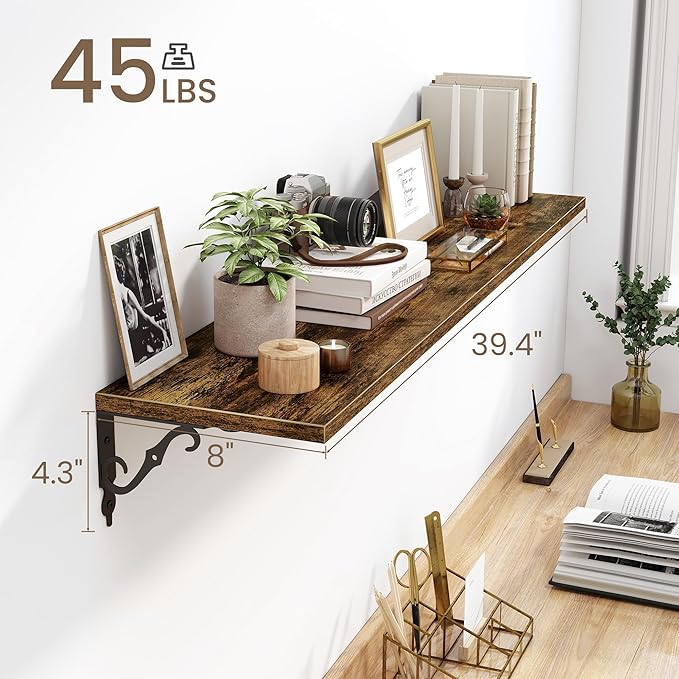 Fun Memories 40 Inch Floating Shelves Wall Mounted, 8 Inch Deep Wall Shelves with Bracket, Rustic Hanging Bookshelf, 40" Bookshelves for for Living Room, Kitchen and Bedroom, Rustic Brown, Set of 2