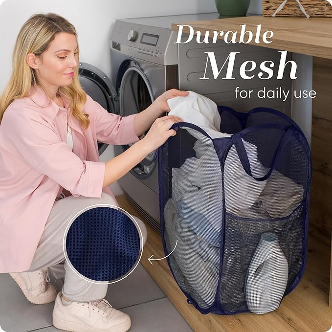 Handy Laundry Collapsible Mesh Foldable Hamper 14" x 14' x 24" Navy Blue
