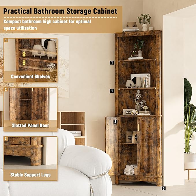 69" Tall Corner Shelf with Doors, 7-Tier Corner Storage Cabinet with Doors, Space Saver Shelf for Bathroom, Bathroom Floor Cabinet for Living Room Kitchen, Hallway