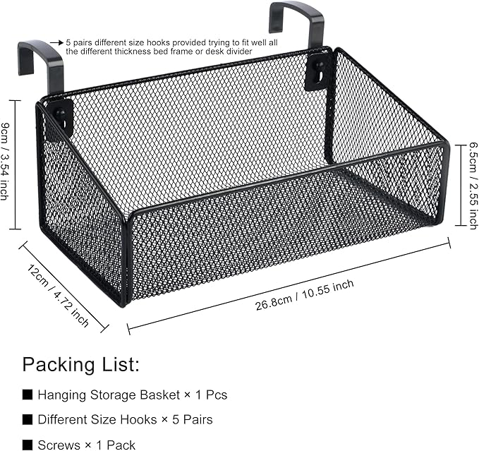Bedside Shelf for Bed & Bunk Bed Storage Basket Office Cubical Wall Hanging Organizer - 5 Different Size Hooks - College Dorm Home Office Essentials for Phone,Book,Drink,Tissue (Black)