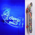 Light Up Skateboard Wall Mount, Acrylic Skateboard Rack with Skateboarding Pattern Blue LED Lights for Trick(Street or Vert) Board Longboard Penny board Storage and Display, Skater Gifts