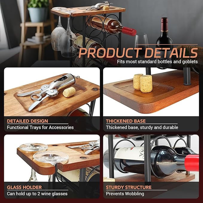 Wooden Wine Racks Countertop with Tray, Wine Bottle Holder for 6 Bottles & 2 Glasses, Perfect for Kitchen, Bar, Table, Cabinet, Wine Cellar