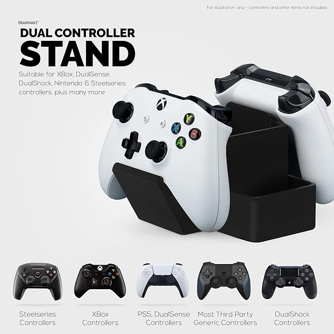 BRAINWAVZ Dual Game Controller, TV Remote Control & Stationary Storage Desktop Organizer Holder, Universal Design for Xbox ONE PS5 PS4 PC Gamepads, Reduce Clutter (D03)