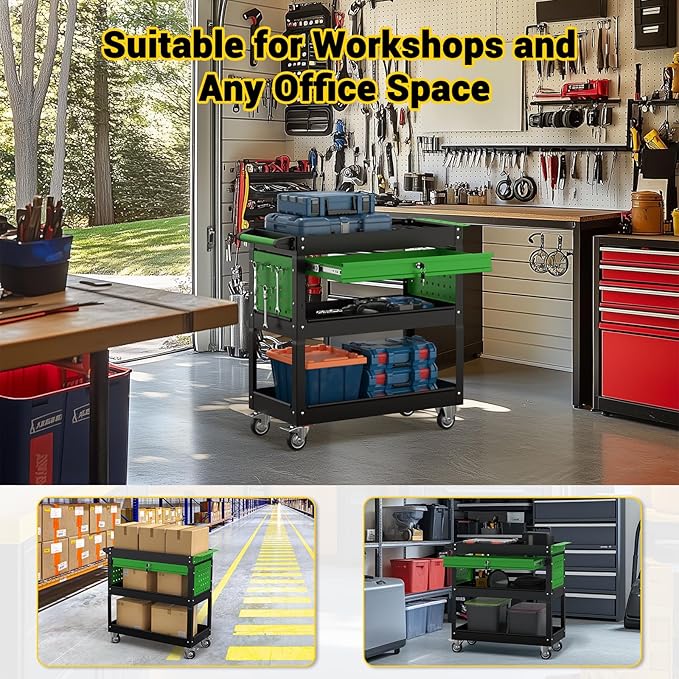 3 Tier Rolling Tool Cart on Wheels, 550 LBS Tool Cart with Drawers，Heavy Duty Utility Cart with Pegboard and Hooks，Mechanic Tool Storage Cart for Garage, Warehouse (Black-Green)