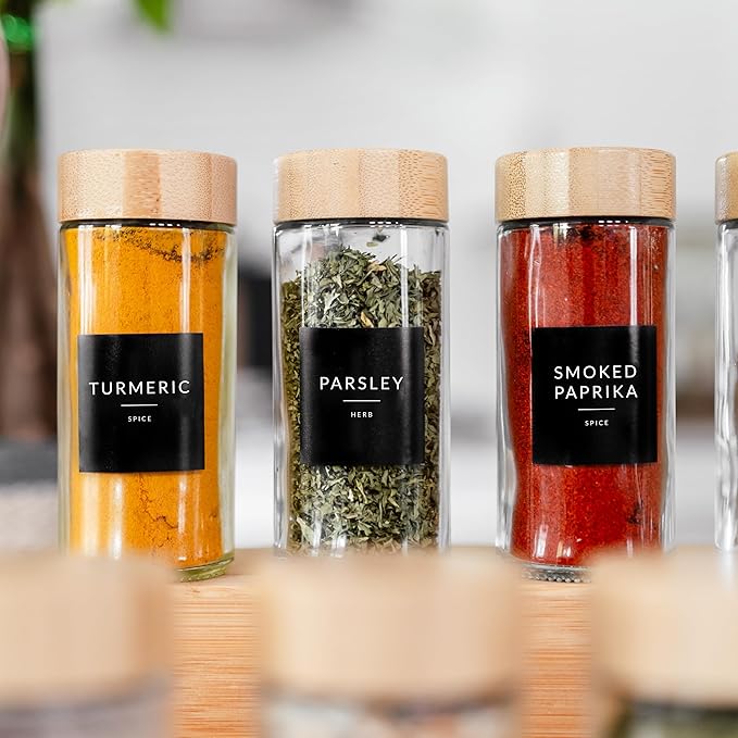 SAVVY & SORTED Glass Spice Jars with Label, 24PK Round Bamboo Jar Spices Set 4oz, 374 Spice Labels, Pepper Grinder, Empty Herb Seasoning Containers, Funnel and Shaker Lids