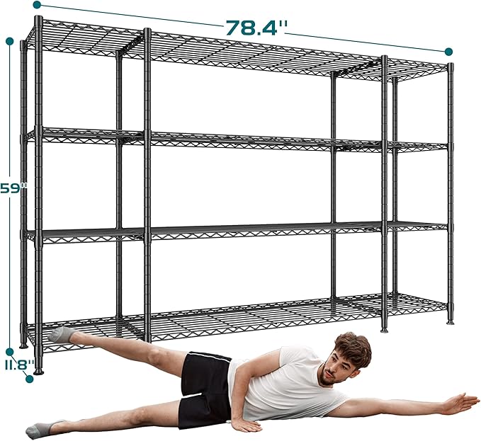 REIBII 78.4''W Garage Shelving Wire Shelving Unit Load 1500LBS,4 Tier Metal Shelving with Adjustable Metal Shelf Storage Shelves for Pantry Shelves Commercial Shelf Kitchen Garage 11.8''Dx59''H