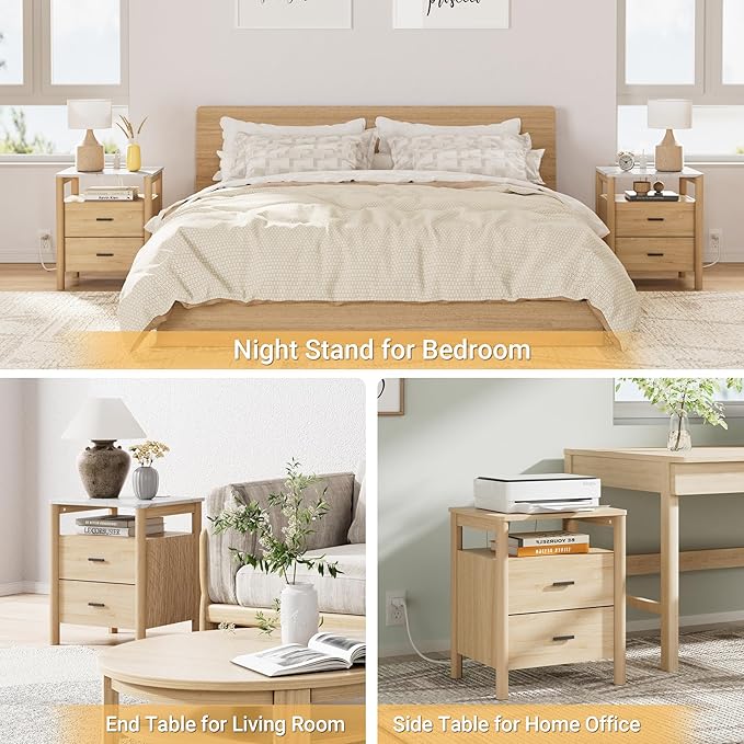 Night Stand Set of 2 with Charging Station, 20" Large Modern Nightstand with Faux Marble Top, 2 Drawers End Table with Solid Round Post Legs&Open Shelf, for Bedroom, Natural Oak