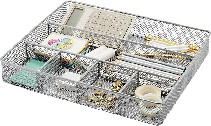 Annova Desk Top Organizer Tray for Office Organization - Metal Mesh - Storage Tray with Dividers for Pens, Desktop Accessories, Bathroom, Kitchen, Makeup and Office Supplies (Large, Silver)