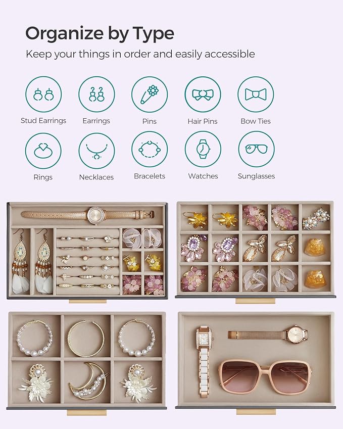 SONGMICS Jewelry Box Organizer with Glass Lid, 4-Layer Jewelry Storage, with 3 Drawers, Modern Style, Christmas Gift, 6 x 9.9 x 8.5 Inches, Gray and Gold Color UJBC161C01