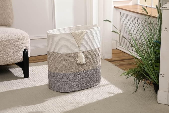Tall Laundry Basket With Handles,Woven Cotton Rope Big Laundry Hamper Sorters,Versatile Storage for Dirty Clothes,Baby Toys,and Blankets in Bathroom, Nursery,and Living Room (Gradient Brown, 80L)