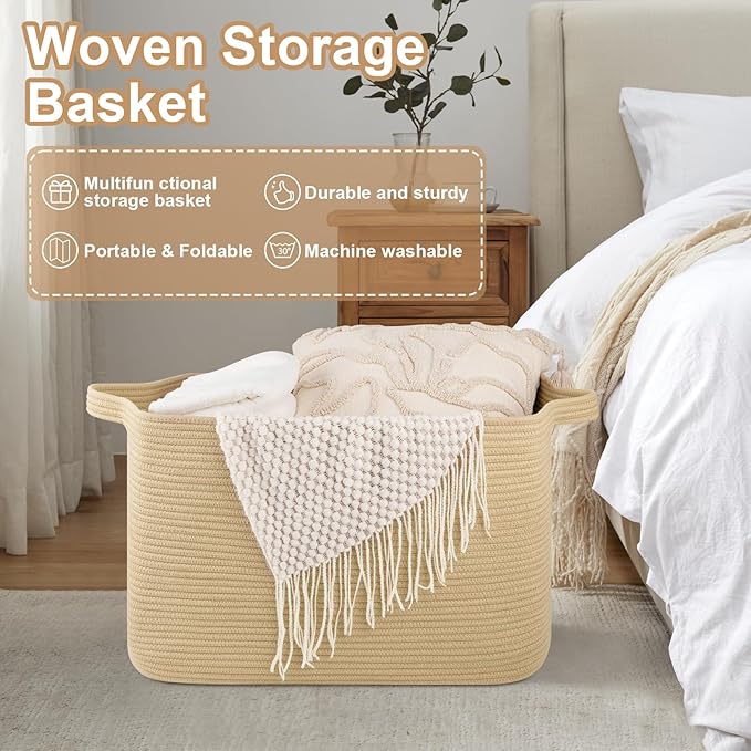 95L Extra Large Blanket Basket, 24" x 16.9" x 14.2" Woven Storage Basket for Living Room, Rectangle Nursery Blanket Storage for Toys, Towels, Dirty Clothes (Jute)