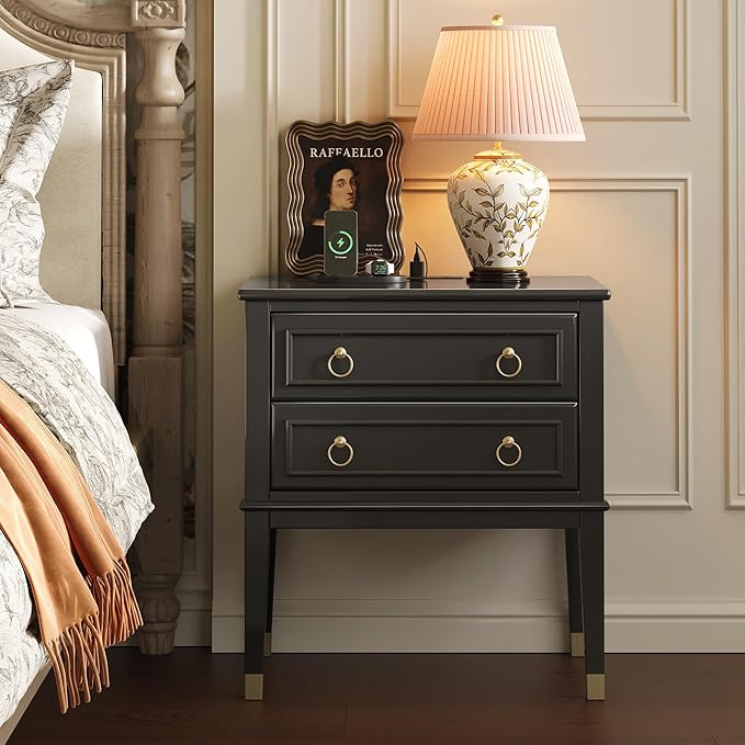 Huuger 27.6 Inch Tall Nightstand with Charging Station, USB-C Port, 2 Drawers Bedside Table, Larger Night Stand with 11.4 Inch Raised Legs, Painted Side Table End Table, for Bedroom, Black
