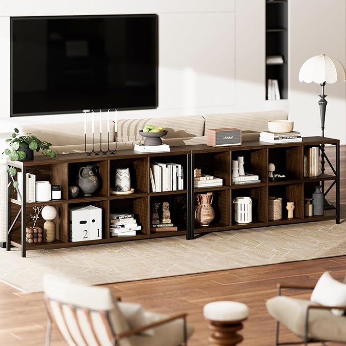 otlectics 2-Tier Bookcase with 8 Cubes, 63 Inch Industrial Horizontal Bookshelf, Home Office Storage Cabinet Organizer with Metal Legs, Brown
