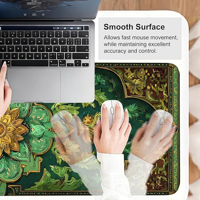 Green Vintage Floral Mouse Pad – Large Extended Desk Mat 31.5 x 11.8 in– Ornate Oriental Carpet Design with Gold & Emerald Motif, Keyboard & Mouse Pad for Office & Home