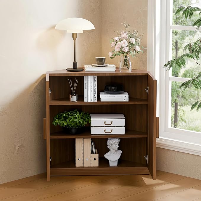 Casaphoria Farmhouse Corner Cabinet, Wooden Corner Storage Cabinet with Adjustable Shelves, Narrow Storage Organizer for Small Space, 31" H x 31" W x 16" D, 44Lb, Walnut