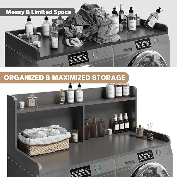 2-Tier Washer Dryer Countertop, 18.5" Raised Height Laundry Countertop with Edge Rails and Non-Slip Pad, 54" W x 27.55" D Washer and Dryer Topper for Laundry Room Storage Organization (Gray)