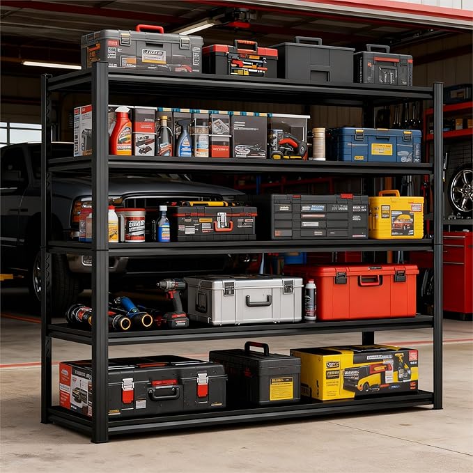 72'' Garage Storage Shelves, 5 tier Shelving Unit Metal, Adjustable, Double-Layer Column with Reinforced Ribs, Heavy-Duty, Capable of Bearing 3000 lbs, Suitable for Garage, Warehouse, Kitchen Storage