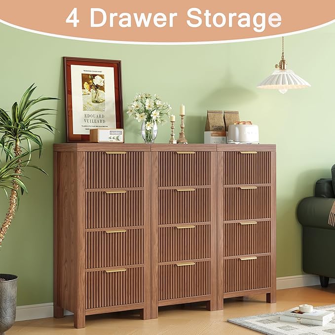 Mid-Century Fluted 8 Drawers Dresser, Modern Wooden Tall Dresser with Smooth Metal Handles, Storage Chest Clothes Organizer for Bedroom, Entryway & Office, Walnut X2