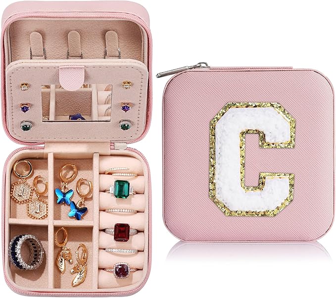 Parima Christmas Stocking Stuffers Preppy Travel Jewelry Box - Christmas Gifts for Grandkids Letter Jewelry Organizer Box for Girls, Travel Gifts for Teen Girls Trendy Stuff - Letter C, Pink