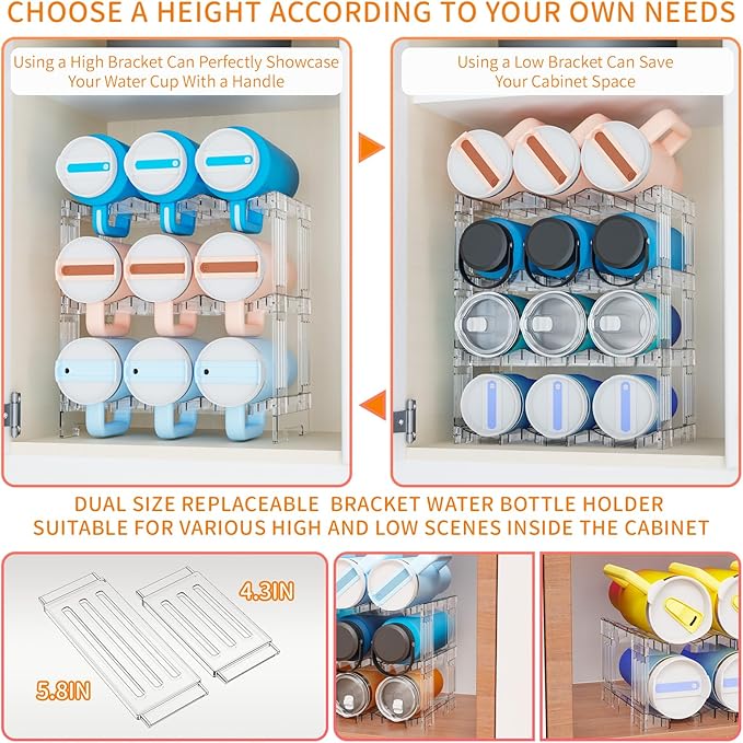 Yieach Stackable Water Bottle Organizer for Cabinet Yeti or Stanley Storage Organizers - Larger Compartment for 40 oz Stanley Cup Holder and Other Tumbler Organizers,Waterbottle Rack for Pantry,3 Tier