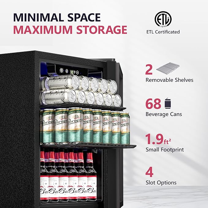 Beverage Refrigerator Cooler, 16 Bottle 68 Can Mini Fridge with Glass Door, Wine Beer Freestanding Drink Fridge, Digital Temperature Control & Adjustable Shelves for Home Office, 1.7 cu.ft