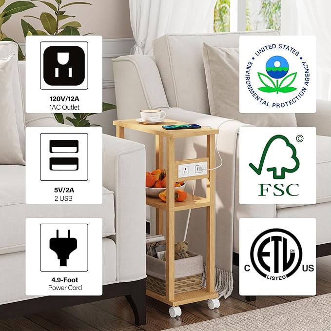 TUTOTAK Small Narrow Side Table with Charging Station, Skinny End Table for Small Spaces, Slim Nightstand with USB Ports and Outlet, Sofa Beside Table with Wheels, Natural TB01BN046