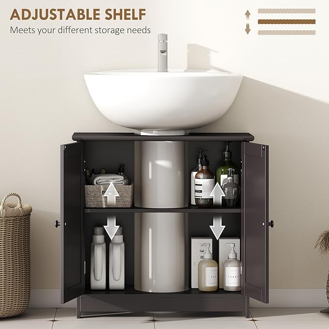 HOMCOM Under Sink Bathroom Cabinet, Pedestal Sink Storage Cabinet with 2 Doors, Shelf and U-Shape, Coffee