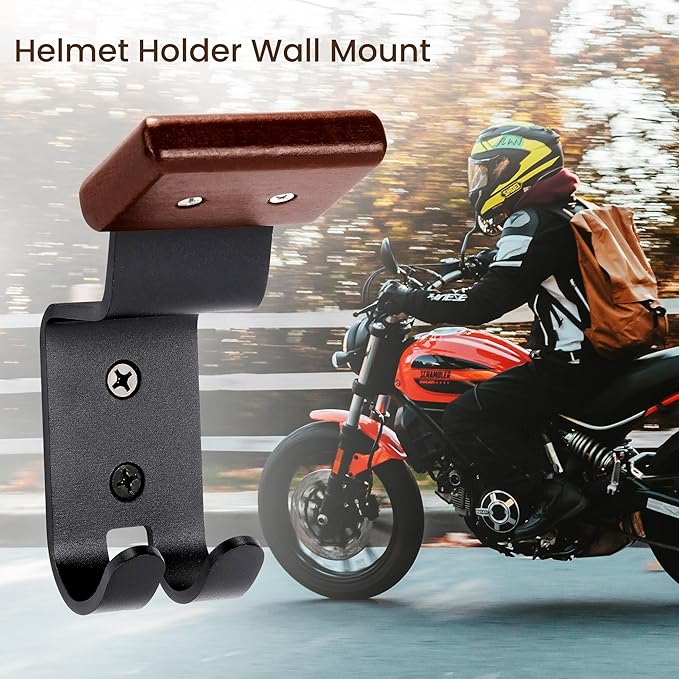 Motorcycle Helmet Holder Wall Mount - Solid Wood & Steel Gear Organizer Rack with 2 Hooks, Heavy Duty Display Hanger for Helmets, Football Gear, Ski Equipment, Hats, Jackets - 4 Pcs
