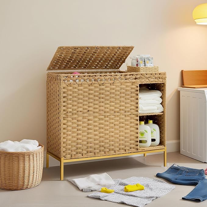 Laundry Hamper with Lid, 130L (34.4 Gal) Rattan Laundry Hamper 3 Section with 50L (13.2 Gal) Storage Shelf, Wicker Woven Laundry Sorter Basket with 4 Liner Bags and Handles, Gray GLH003G