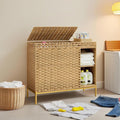 Laundry Hamper with Lid, 130L (34.4 Gal) Rattan Laundry Hamper 3 Section with 50L (13.2 Gal) Storage Shelf, Wicker Woven Laundry Sorter Basket with 4 Liner Bags and Handles, Gray GLH003G