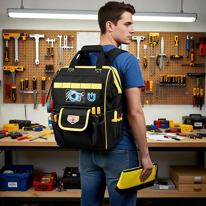 Tool Bag Backpack with Zipper Pouch and Magnetic Attraction Area, Heavy-Duty Tool Storage Organizer Bag, Tactical Work Tool Bag for Electrician, Repairman, HVAC Techs, Black