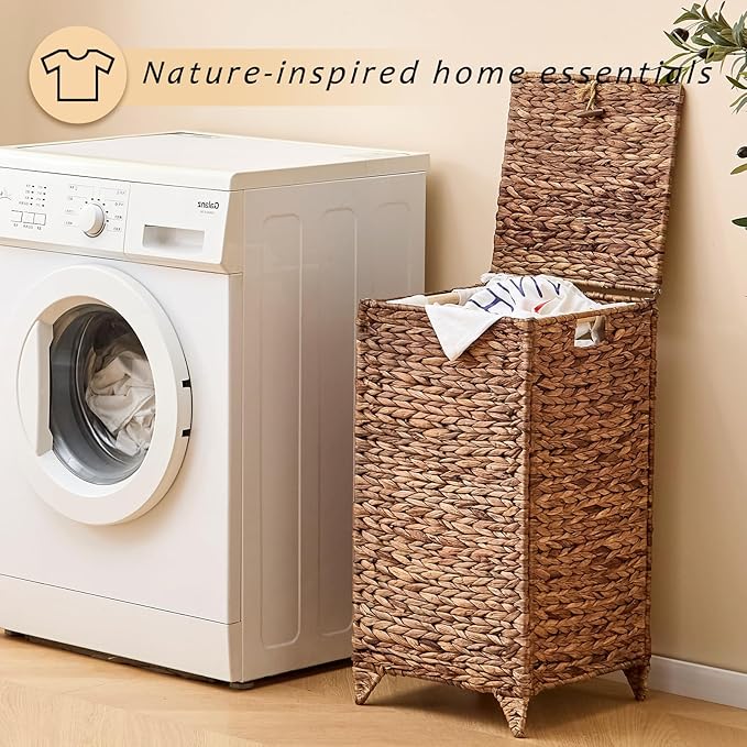 Handwoven Laundry Hamper with Lid, Natural Water Hyacinth Heightened Feet Laundry Basket, Wicker Clothes Hamper with Removable Liner Bag