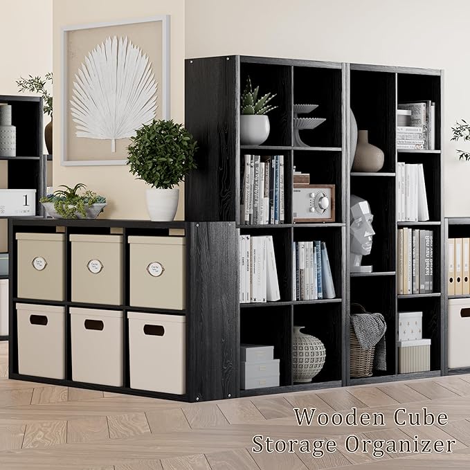 Cube Storage Organizer Bookcase, Decorative 11 inch Open Back Cubical Shelf with Thickened Border, Display Bookshelf for Living Room, Home Office, Sturdy Room (Black, 6 Cube)