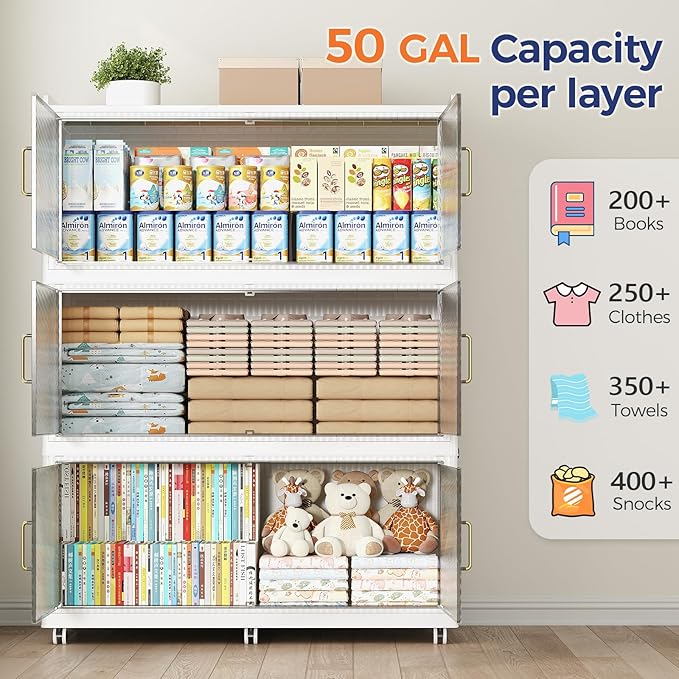 150 Gallon Extra Large Collapsible Storage Bin with Lid, 960QT Stackable Plastic Organizer with 6x Wheels, Foldable Drawer Cabinet for Closet, Living Room Office, Kitchen 3Pack, White