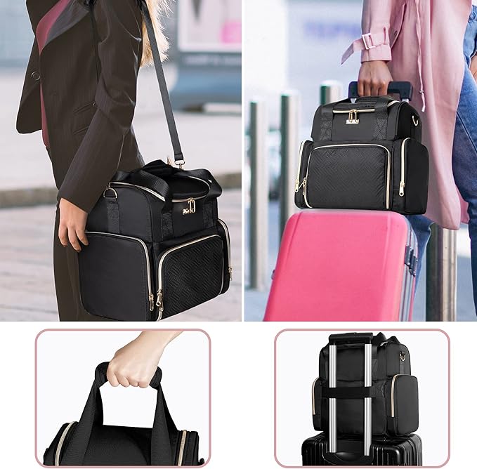 Large Cosmetic Bag with 3 Removable Case, Double Layer Travel Organizer with Inner Dividers and Makeup Brushes Storage Section, Black (Patented Design)