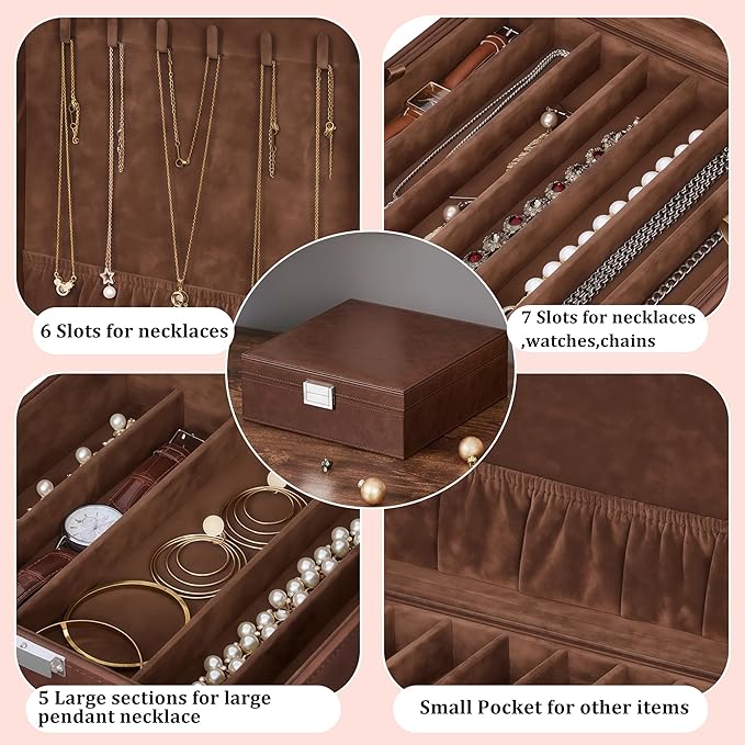 BEWISHOME Necklace Organizer Box, 2-Layer Jewelry Box to Save Space, Modern Style Necklace Storage Box, Brown Necklace and Bracelet Holder for Women, Girls, SSH31Z
