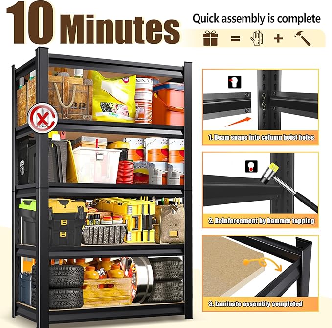 2 Pack Garage Shelving Heavy Duty Storage Shelves 3000LBS Adjustable Garage Shelves 5 Tier Metal Shelving Unit Utility Rack Shelf for Storage Kitchen Warehouse Pantry, 72 "H x 45.7 "W x 20" D