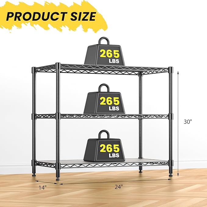 3-Shelf Adjustable Storage Shelves Metal Shelving Unit Heavy Duty Wire Rack Small Organizer with 3 Shelf Liners for Kitchen Pantry Bathroom Laundry Closet Garage 24" W x 14" D x 30" H Black