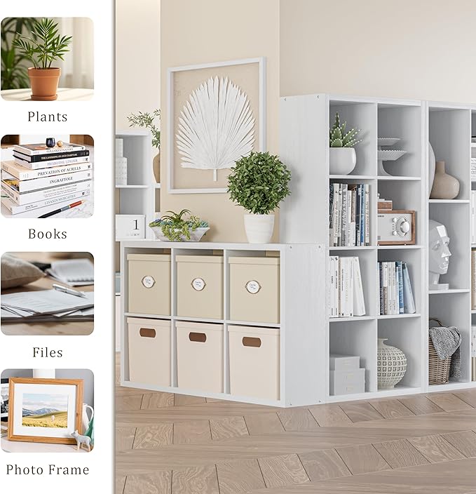 Cube Storage Organizer Bookcase, Decorative 11 inch Open Back Cubical Shelf with Thickened Border, Display Bookshelf for Living Room, Home Office, Sturdy Room (White, 6 Cube)