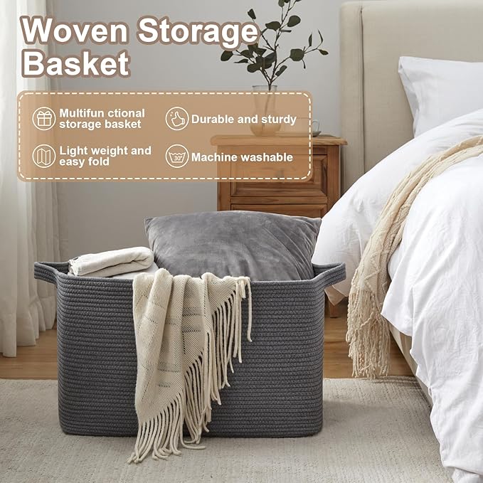 95L Extra Large Blanket Basket, 24" x 16.9" x 14.2" Woven Storage Basket for Living Room, Nursery Blanket Storage for Toys, Towels, Dirty Clothes (Grey)