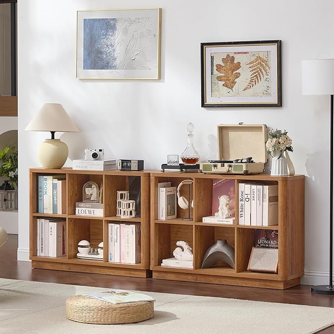 6 Cube Storage Organizer, 40" Wide Low Horizontal Book Shelf with Curved Edge, Floor Standing 2-Tier Wooden Bookshelf with Base, Modern Short Lattice Bookcase for Bedroom, Home Office, Brown
