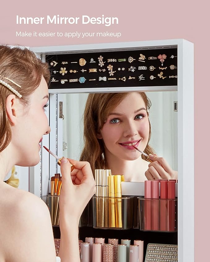 SONGMICS Mirror Jewelry Cabinet Armoire Organizer, Wall or Door Mount Storage Cabinet with Full-Length Frameless Lighted Mirror, Built-in Makeup Mirror, 2 Drawers, Lockable, Christmas Gift, White