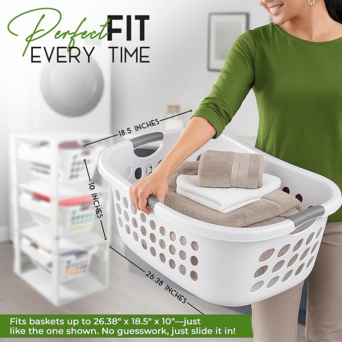 Laundry Basket Holder Shelf – Stackable Engineered Wood Laundry Tower, Tiered Hamper Organizer for Bathroom, Bedroom, Closet (White, 3 Tier)