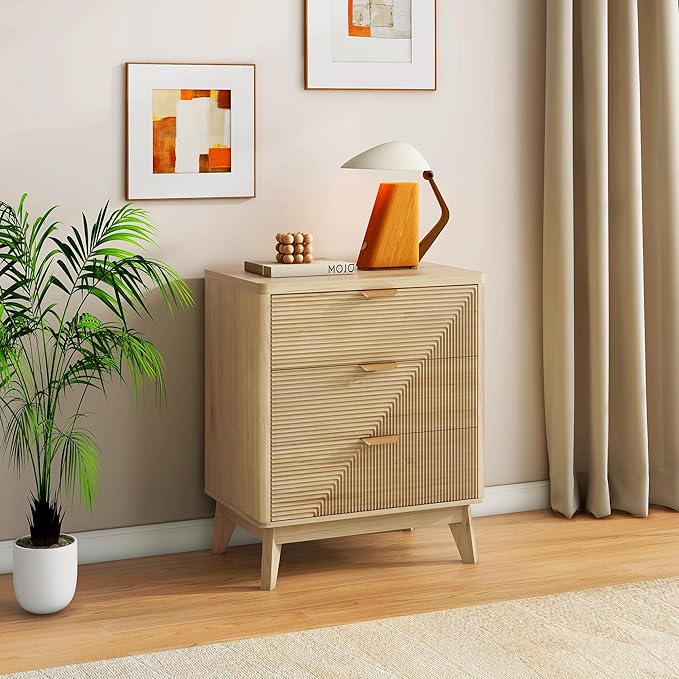 3 Drawer Fluted Nightstand for Bedroom, Modern Wood Night Stand with Curved Profile, Fluted Dresser & Wood Drawer Organizer for Bedroom and Hallway