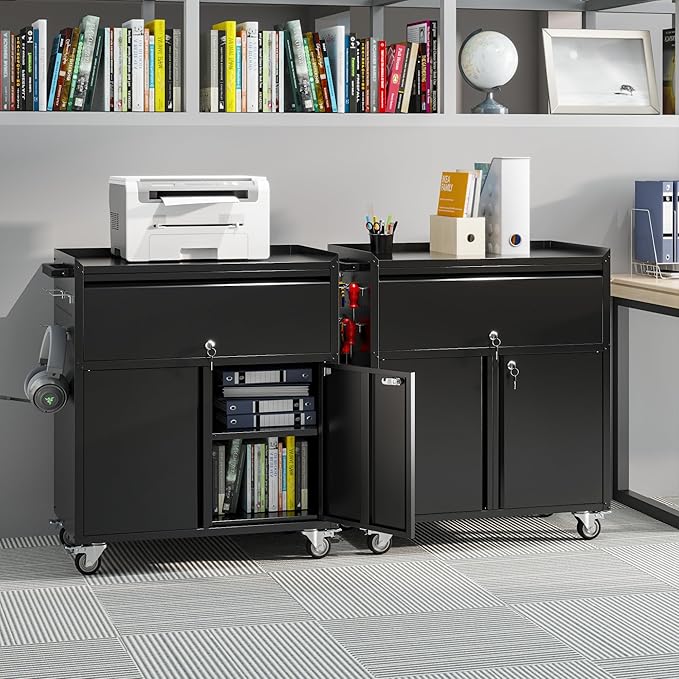 Aobabo Metal Cabinet on Wheels, Metal Garage Cabinet with 1 Drawer and 4 Hooks, Small Rolling Tool Storage with Pegboard and Handle, Assembly Required, Black